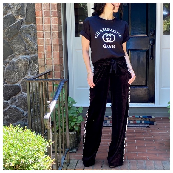 BLACK VELVET WIDE LEG PANTS W/LEOPARD SIDE TRIM - Picture 6 of 16